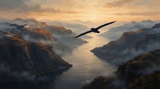 An albatross gliding over misty fjords at dawn